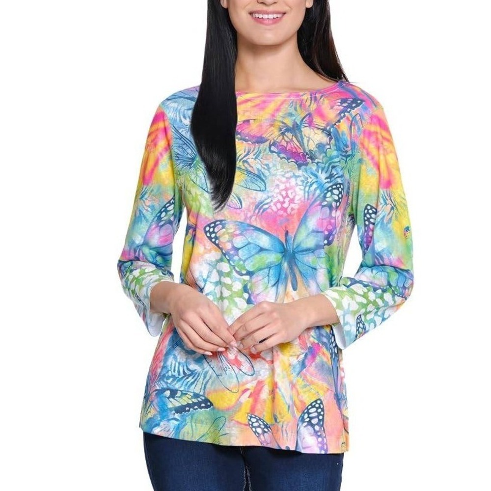Ali Miles Butterfly Print Top 1X Multi Color 3/4 Sleeve Boat Neck Whimsical Art